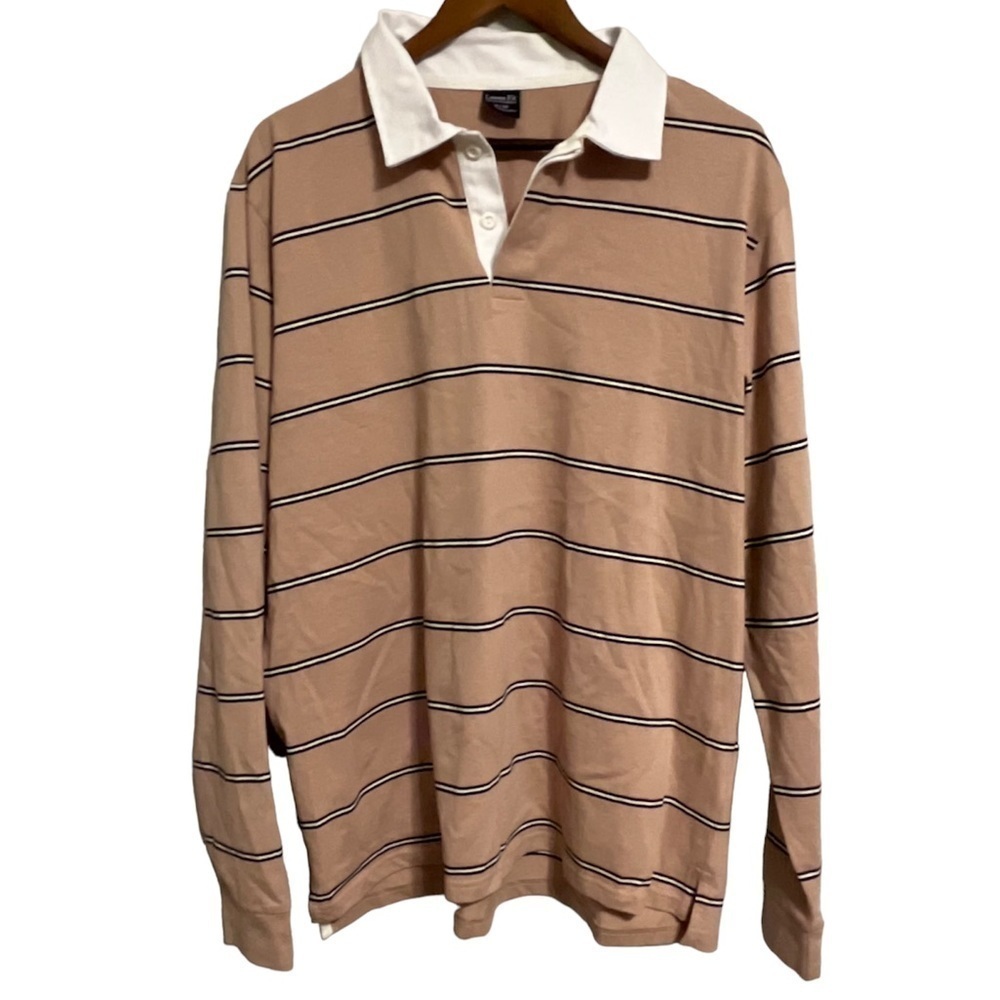 Cotton On Loose Fit Nude & Black Striped Polo Shirt with White Collar
